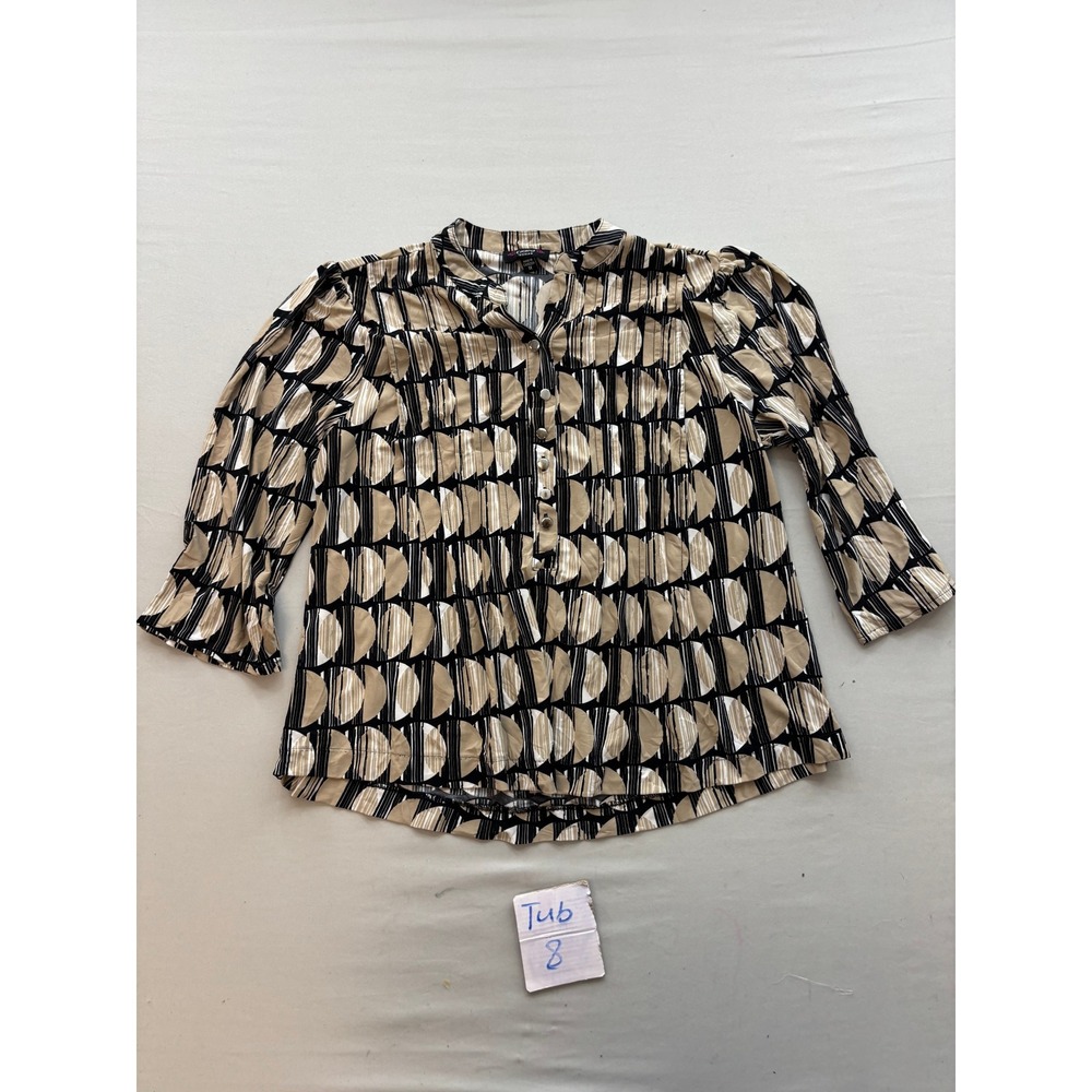 Cocomo Woman Blouse 1X Tan Black Geometric Print 3/4 Sleeve Ruffle Cuff Top